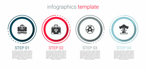 Set Radioactive cargo train, Radiation nuclear suitcase, Biohazard symbol and Nuclear explosion. Business infographic template. Vector