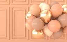 Classic Interior Walls With Bunch Of Balloons. Walls With Mouldings Panels, Wooden Floor, Classic Cornice. 3d Rendering  Party Interior Mock Up Illustration. Beige And Golden Colors