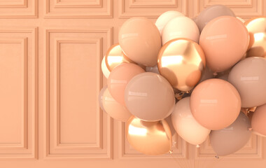 Canvas Print - Classic interior walls with bunch of balloons. Walls with mouldings panels, wooden floor, classic cornice. 3d rendering  party interior mock up Illustration. Beige and golden colors