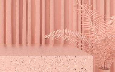 Leinwandbilder - Curtains and table for product presentation, tropic palm flower, template 3d render interior illustration.