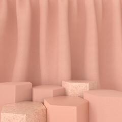 Leinwandbilder - 3d rendered interior with geometric shapes, podium on the floor, curtains. Platforms for product presentation, mock up background.