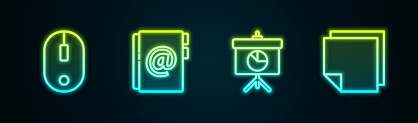 Poster - Set line Computer mouse, Address book, Chalkboard with diagram and Post note stickers. Glowing neon icon. Vector