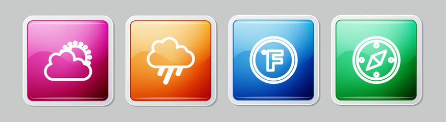 Sticker - Set line Sun and cloud weather, Cloud with rain, Fahrenheit and Compass. Colorful square button. Vector