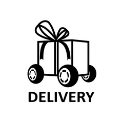 Sticker - Gift box on wheels. Illustration over word Delivery on white background