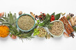 Different fresh herbs and spices on white background, top view