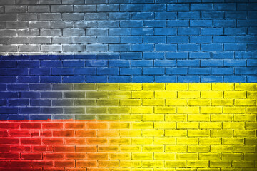 Ukraine and russia Flag on brick wall diplomatic relations between Ukraine and russia. Flag of the two countries concept Ukraine Russia conflict