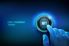 NFT. Non-fungible Token Digital Crypto Art Blockchain Technology Concept. Investment In Cryptographic. Closeup Finger About To Press A Button. Vector Illustration.