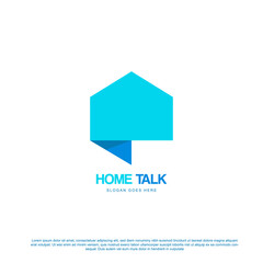 Creative home talk logo design. Blue house with bubble chat icon