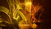 Tropical Plants Illuminated With Yellow And Orange Fluorescent Light. Jungle Environment With Hexagon Shaped Neon Frame.