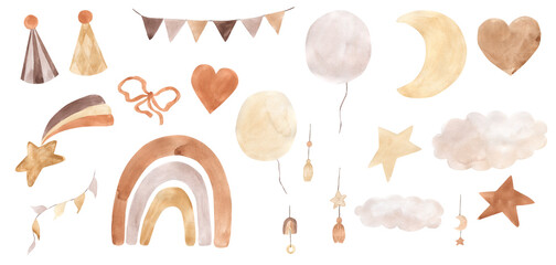 watercolor rainbow and boho elements illustration for kids
