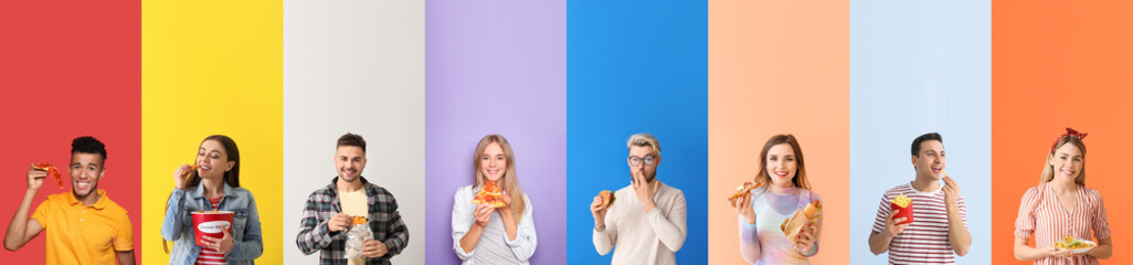 Poster - Set of young people eating fast food on colorful background