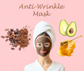 Wall Mural - Young woman with natural anti-wrinkle mask on her face against pink background