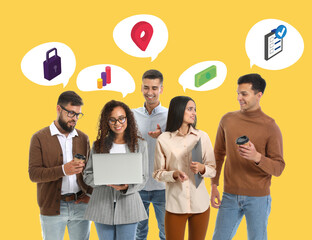 Wall Mural - Group of young business people on yellow background. Concept of career