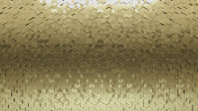 3D, Gold Mosaic Tiles Arranged In The Shape Of A Wall. Glossy, Polished, Bullion Stacked To Create A Diamond Shaped Block Background. 3D Render