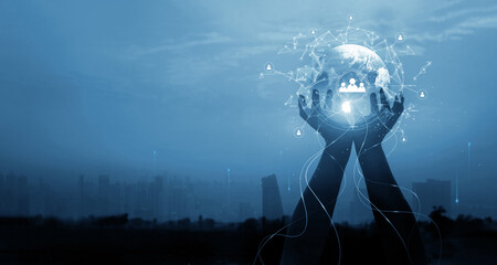 Leinwandbilder - Businessman hold earth and global customer networking connection, analysis and data exchanges, social media marketing, internet technology, global business and communication network concept, blue tone