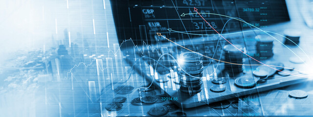 Poster - Finance and banking concept, Double exposure rows of coins and Investment growth graph on laptop, Stock market and currency exchanges.