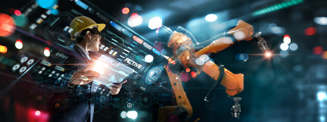 Fototapete - Technician manager, Industrial engineer control robotics on monitoring system software and icon industry network connection on tablet. AI. Automation robot arm machine in smart factory. Industry 4.0