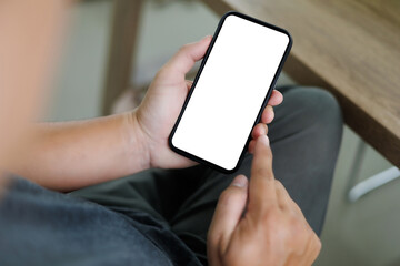 Poster - Top view mockup  man sitting and holding blank screen  lifestyle technology and Social media network