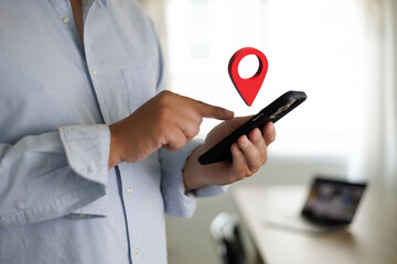 Poster - hand using a smartphone Holding GPS Map to Route Destination network connection Location Street Map with GPS Icons Navigation