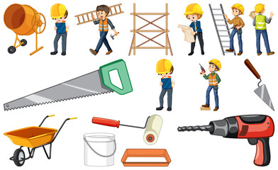 Wall Mural - Construction worker set with people at work