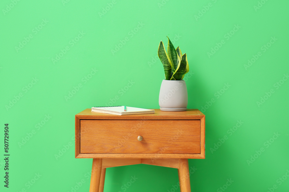 Wooden table with houseplant and notebook near green wall