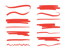 Red Brush Stroke Underline. Marker Pen Highlight Stroke. Vector Swoosh Brush Underline Set For Accent, Marker Emphasis Element.