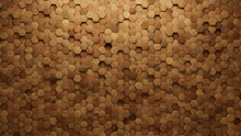 Hexagonal, Timber Mosaic Tiles Arranged In The Shape Of A Wall. 3D, Soft Sheen, Blocks Stacked To Create A Wood Block Background. 3D Render
