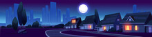 Suburb District With Houses And Skyscrapers On Horizon At Night. Summer Landscape Of Suburban Street, Village With Cottages, Road, Bushes, Trees And Full Moon In Dark Sky, Vector Cartoon Illustration