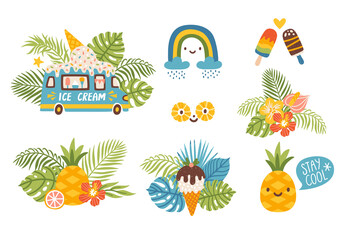 Vector set of bright summer icons with exotic fruits, palm leaves, flowers and ice cream. Seasonal collection of summer decorative elements. Summertime background.