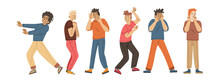 Men Characters Scared, Afraid, Terrified. Vector Flat Illustration Of Diverse People In Panic, Shock, With Startled And Frightened Face Expression, Refuse Gesture