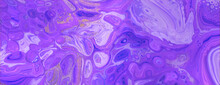 Flowing Contemporary Art Banner In Beautiful Violet And Purple Colors. Paint Texture With Gold Glitter.