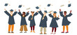 © klyaksun - Happy graduates, college or university students throw up graduation caps in air. Vector flat illustration of people in academic hats and gowns with diploma scrolls