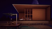 Lounge Furniture In The Water Side In Dark Nature Background And Little Stars 3d Illustration
