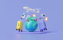 Minimal Cartoon Flight Airplane Travel Tourism Plane Trip Planning World Tour Luggage With Pin Location Suitcase And Map, Leisure Touring Holiday Summer Concept. Banner. 3d Render Illustration
