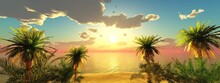 Beautiful Sea Sunset Over The Shore With Palm Trees, Palm Trees On The Beach At Sunset, 3d Rendering