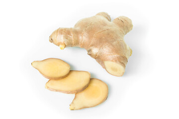 Canvas Print - Fresh ginger root with sliced on white background for herb and medical product concept