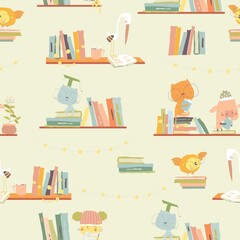 Poster - Seamless Pattern with Cute Animals reading Books on Bookshelves