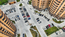 Parking In The Courtyard Of High-rise Buildings In Summer. Aerial View