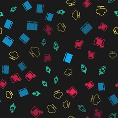 Poster - Set line Server, Data, Web Hosting, Rocket ship with fire, Network cloud connection and Unknown document on seamless pattern. Vector