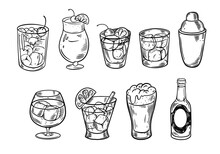 Hand Drawn Sketch Cocktails Set. Black Color Outline Vector Illustration.