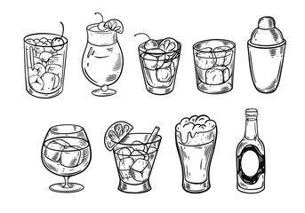 Wall Mural - Hand drawn sketch cocktails set. Black color outline vector illustration.