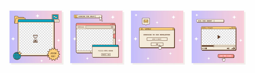 Fototapete - Set of vaporwave retro futuristic lofi post templates for social media. 80s 90s aesthetic square backgrounds with old computer user interface, dialog window and nostalgic elements. Vector illustration