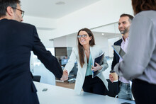 Businesswoman Shaking Hands With Colleague In Office