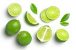 © NIKCOA - Lime fruits with green leaf and cut in half slice isolated on white background. Top view. Flat lay.