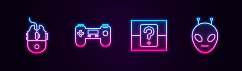 Poster - Set line Computer mouse gaming, Gamepad, Mystery or random box and Alien. Glowing neon icon. Vector