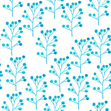 Seamless Pattern With Blue Branches On A White Background. Painted In Watercolor By Hand.
