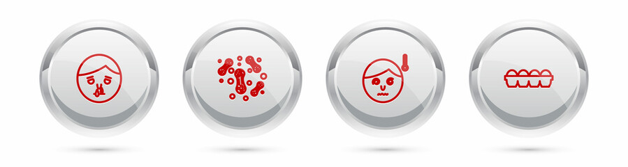 Poster - Set line Runny nose, Bacteria, High human body temperature and Chicken egg in box. Silver circle button. Vector