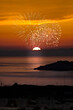 Fireworks At Sunset. Copy Space.Golden hour in the sky with dazzling fireworks. Stock Image.