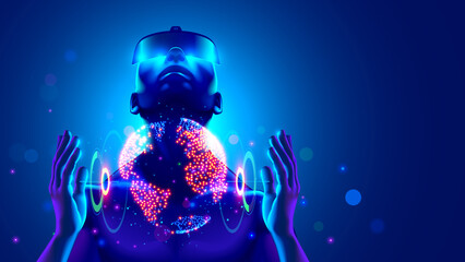 Aufkleber - Virtual reality digital technology concept. Man wearing 3d VR headset glasses looks up, holds the globe in his hands of digital world. Virtual reality, Augmented reality or AR in metaverse simulation