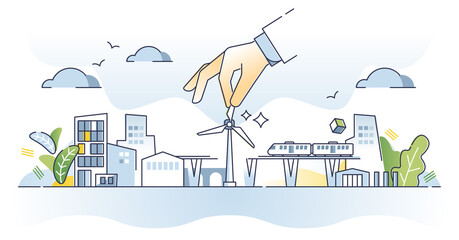 Green infrastructure planning with sustainable city power outline concept. Alternative electricity source for environmental CO2 free wind turbines vector illustration. Ecological urban organization.